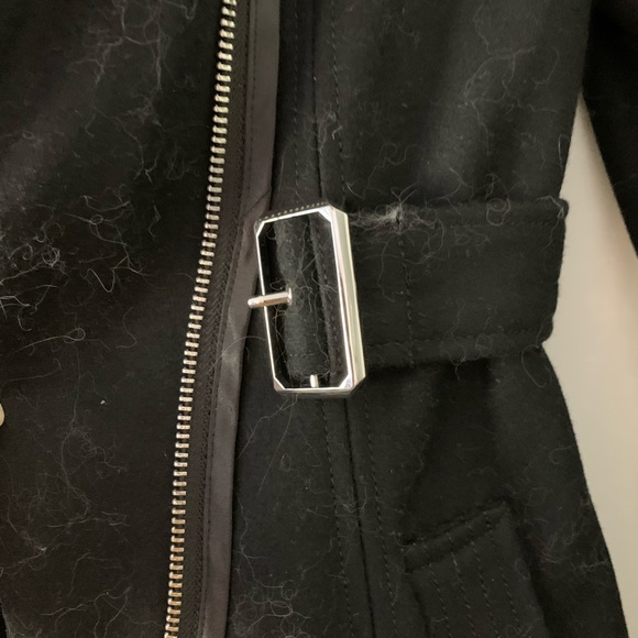 GUESS Black Wool Coat w/Chenille Boucle Collar & Cuffs Asymmetrical Zip Front S - Picture 9 of 14